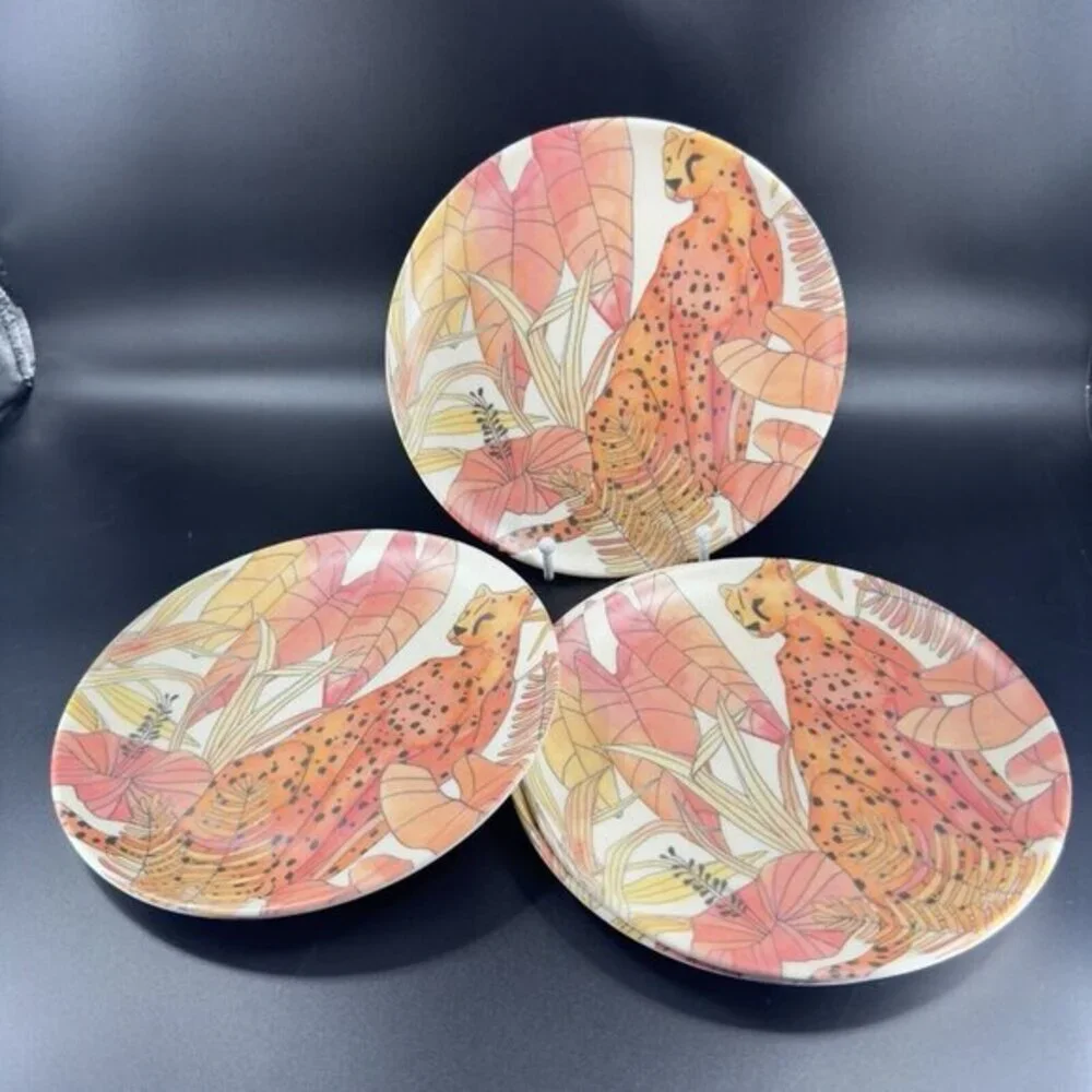 PRIMROSE ALLEY Bamboo‎ Fiber Dish Plate Tropical Palm Floral 8inch Set 4 Plates